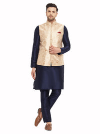 Thumbnail for VM by Vastramay Men's Navy Blue And Rose Gold Silk Blend Jacket, Kurta And Pyjama Set - Distacart