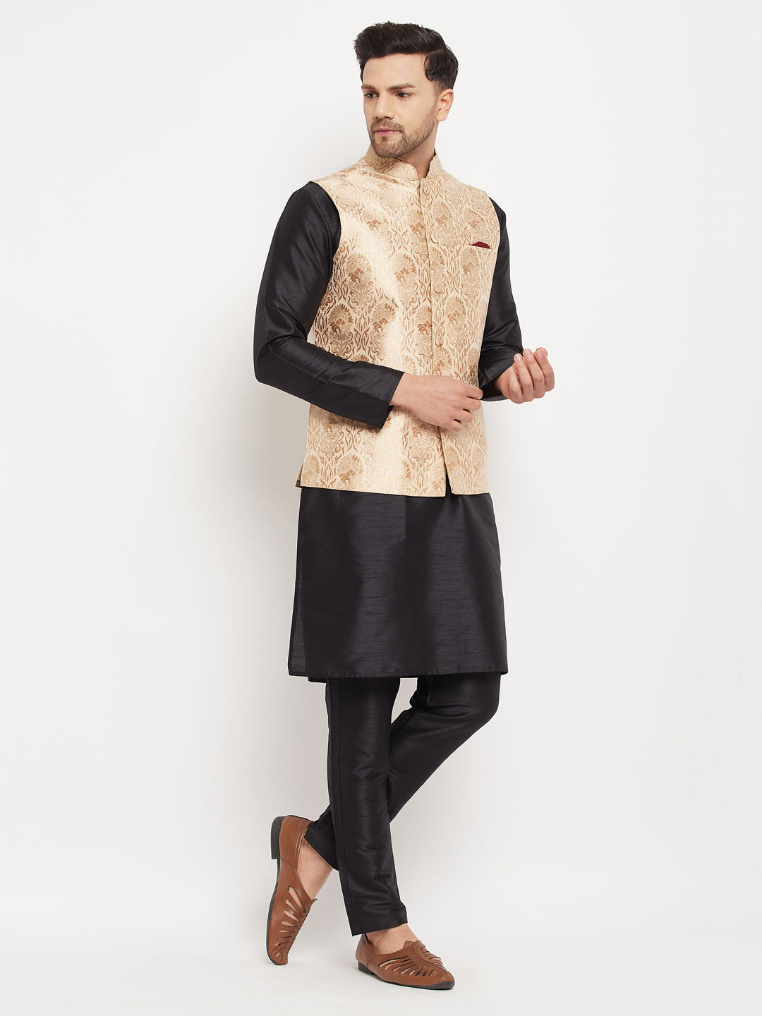VM by Vastramay Men's Black And Rose Gold Silk Blend Jacket, Kurta And Pyjama Set - Distacart
