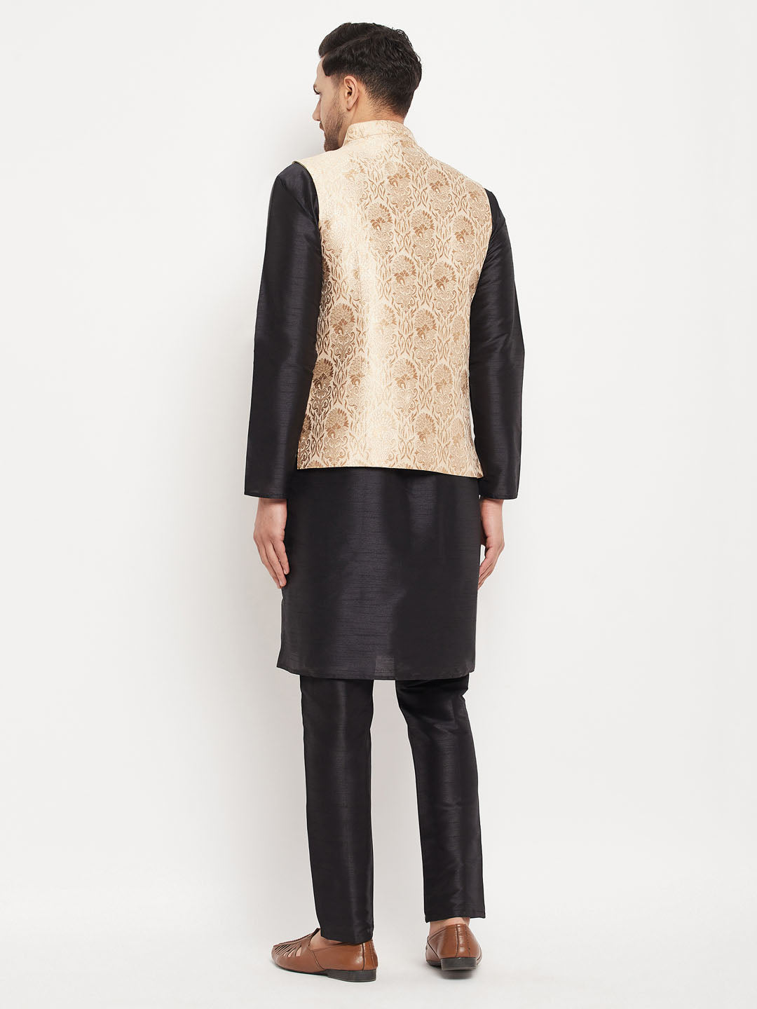 VM by Vastramay Men's Black And Rose Gold Silk Blend Jacket, Kurta And Pyjama Set - Distacart
