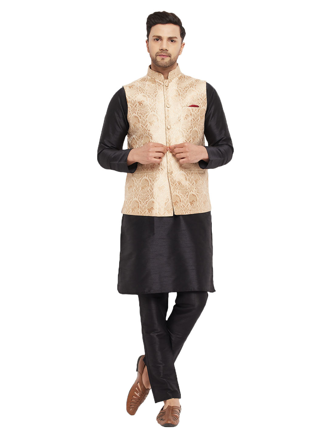 VM by Vastramay Men's Black And Rose Gold Silk Blend Jacket, Kurta And Pyjama Set - Distacart