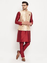 Thumbnail for VM by Vastramay Men's Rose Gold And Maroon Silk Blend Jacket, Kurta And Pyjama Set - Distacart