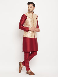 Thumbnail for VM by Vastramay Men's Rose Gold And Maroon Silk Blend Jacket, Kurta And Pyjama Set - Distacart