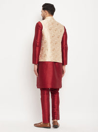 Thumbnail for VM by Vastramay Men's Rose Gold And Maroon Silk Blend Jacket, Kurta And Pyjama Set - Distacart