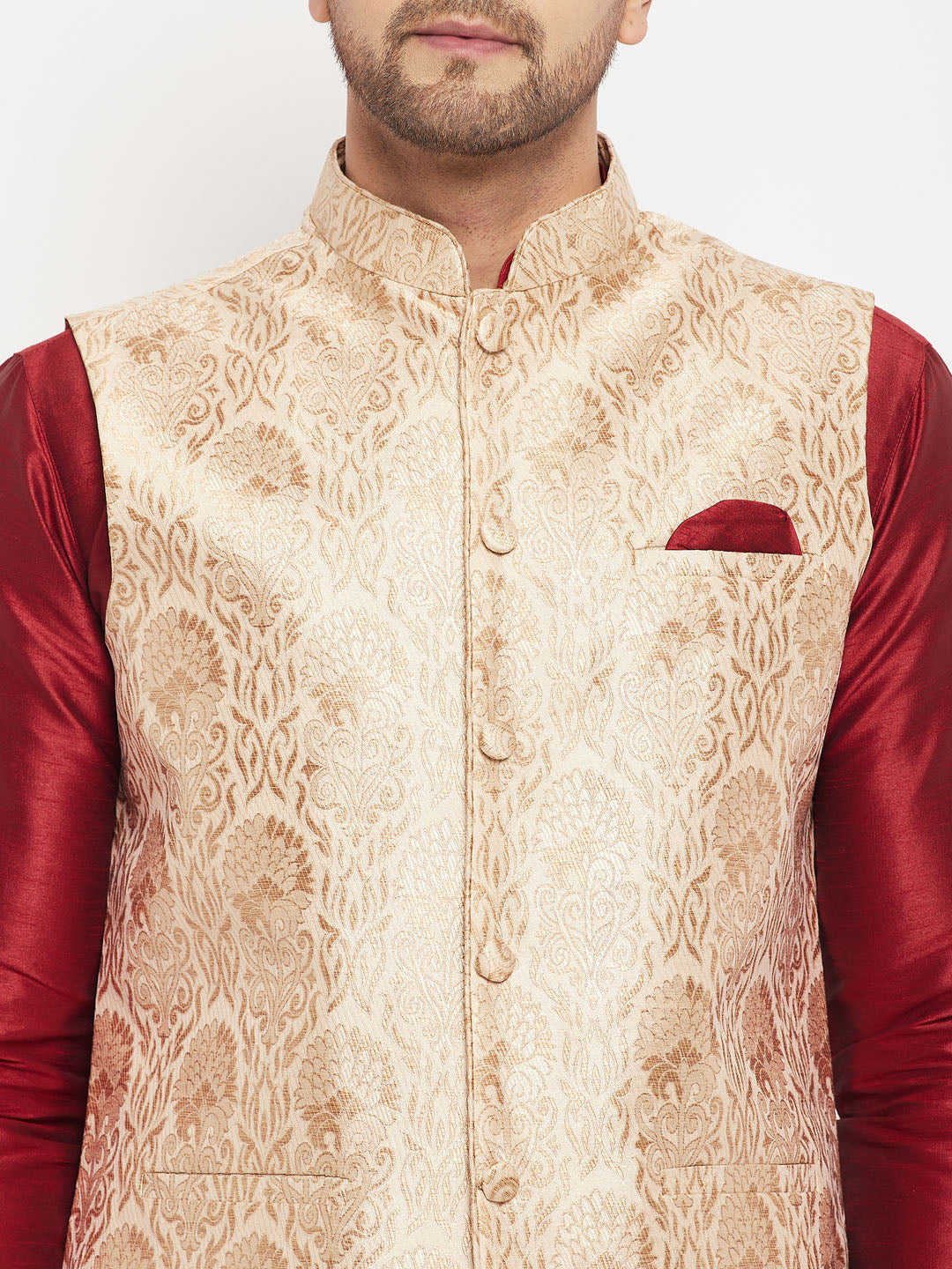 VM by Vastramay Men's Rose Gold And Maroon Silk Blend Jacket, Kurta And Pyjama Set - Distacart