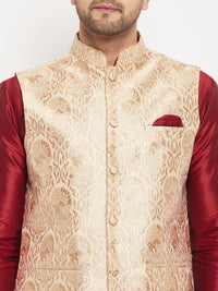 Thumbnail for VM by Vastramay Men's Rose Gold And Maroon Silk Blend Jacket, Kurta And Pyjama Set - Distacart