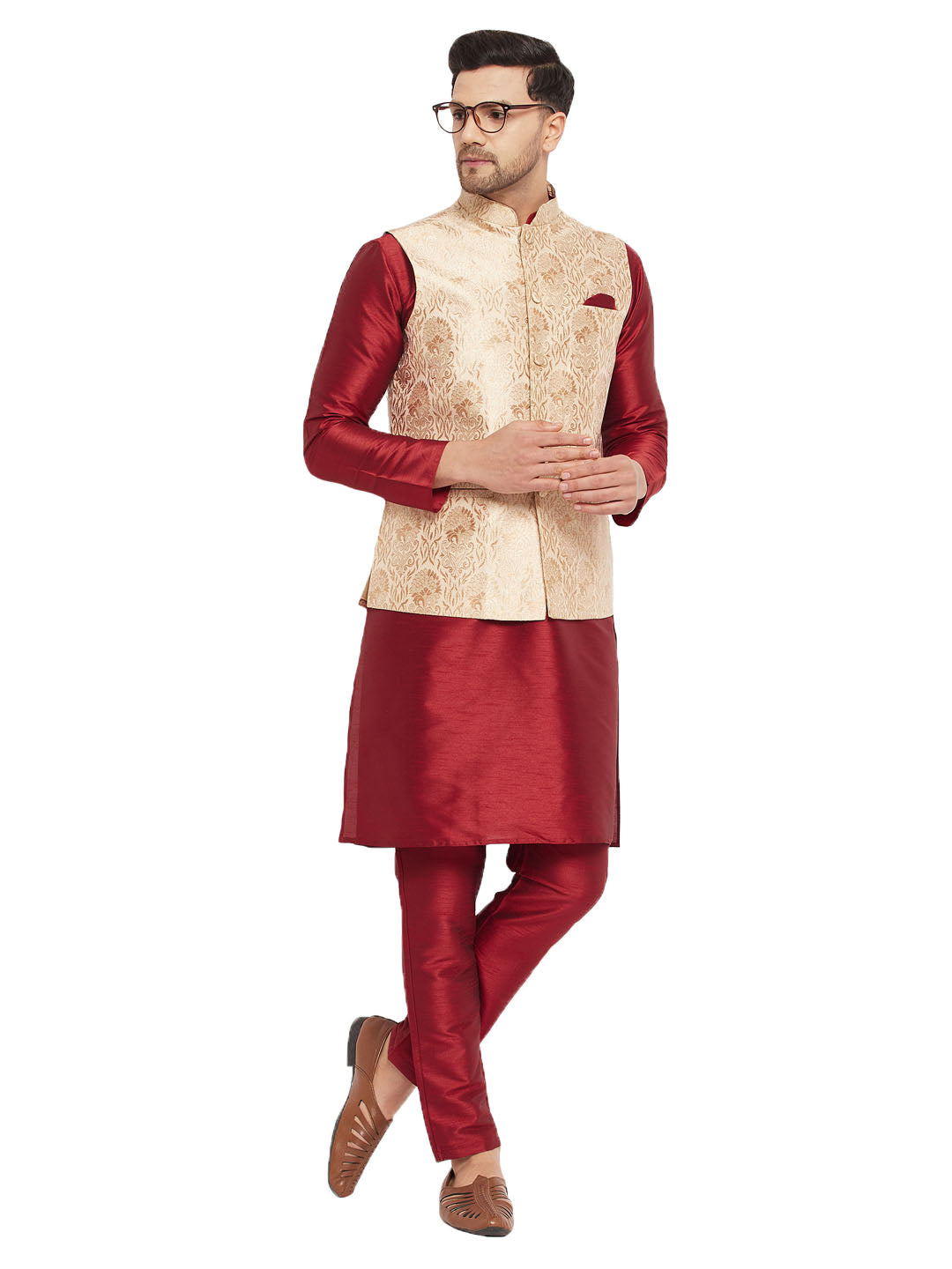 VM by Vastramay Men's Rose Gold And Maroon Silk Blend Jacket, Kurta And Pyjama Set - Distacart