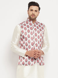 Thumbnail for VM by Vastramay Men's Cream And Red Block Print Nehru Jacket - Distacart