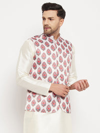 Thumbnail for VM by Vastramay Men's Cream And Red Block Print Nehru Jacket - Distacart