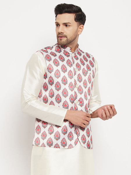 VM by Vastramay Men's Cream And Red Block Print Nehru Jacket - Distacart