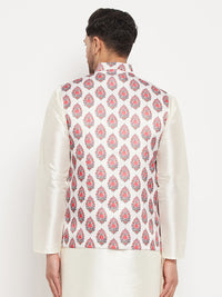 Thumbnail for VM by Vastramay Men's Cream And Red Block Print Nehru Jacket - Distacart