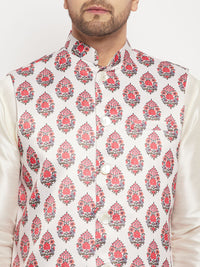 Thumbnail for VM by Vastramay Men's Cream And Red Block Print Nehru Jacket - Distacart