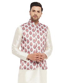 Thumbnail for VM by Vastramay Men's Cream And Red Block Print Nehru Jacket - Distacart