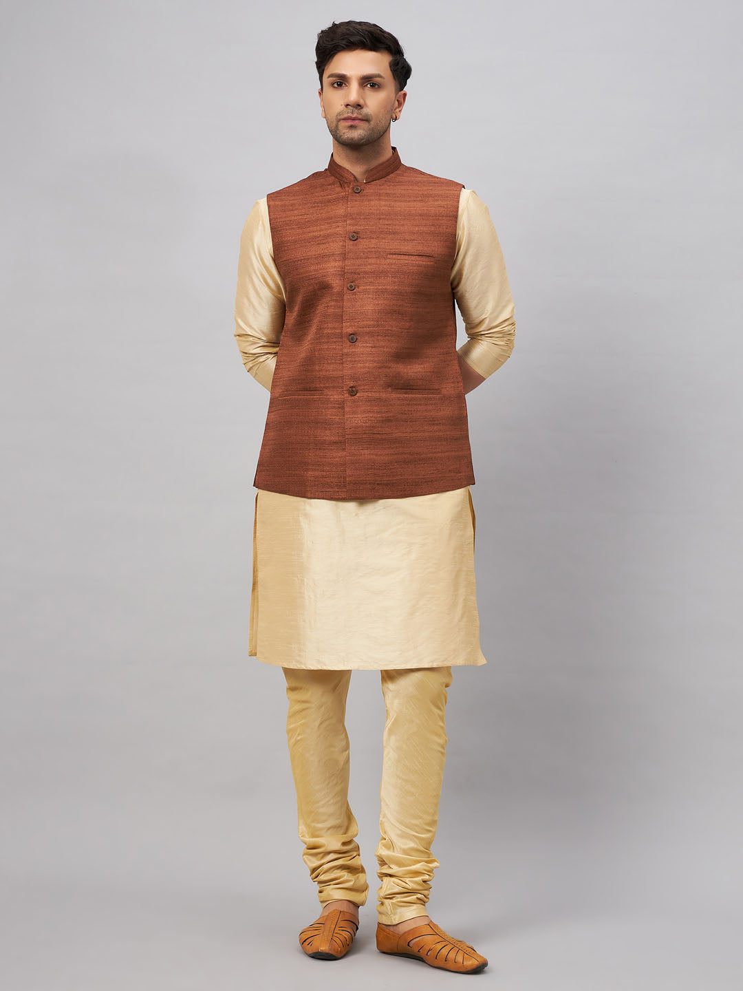 VM by Vastramay Men's Brown And Gold Silk Blend Jacket, Kurta And Pyjama Set - Distacart