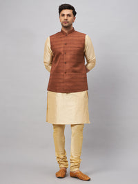 Thumbnail for VM by Vastramay Men's Brown And Gold Silk Blend Jacket, Kurta And Pyjama Set - Distacart