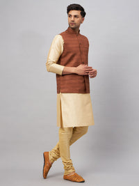 Thumbnail for VM by Vastramay Men's Brown And Gold Silk Blend Jacket, Kurta And Pyjama Set - Distacart