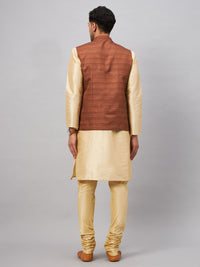 Thumbnail for VM by Vastramay Men's Brown And Gold Silk Blend Jacket, Kurta And Pyjama Set - Distacart