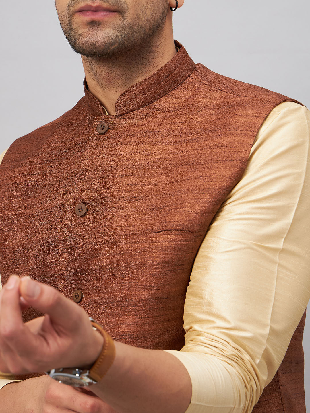 VM by Vastramay Men's Brown And Gold Silk Blend Jacket, Kurta And Pyjama Set - Distacart