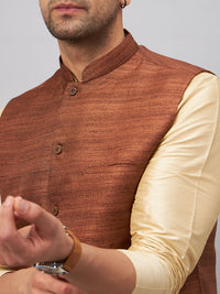 Thumbnail for VM by Vastramay Men's Brown And Gold Silk Blend Jacket, Kurta And Pyjama Set - Distacart