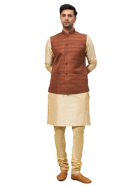 Thumbnail for VM by Vastramay Men's Brown And Gold Silk Blend Jacket, Kurta And Pyjama Set - Distacart