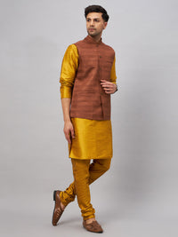 Thumbnail for VM by Vastramay Men's Mustard And Brown Silk Blend Jacket, Kurta And Pyjama Set - Distacart