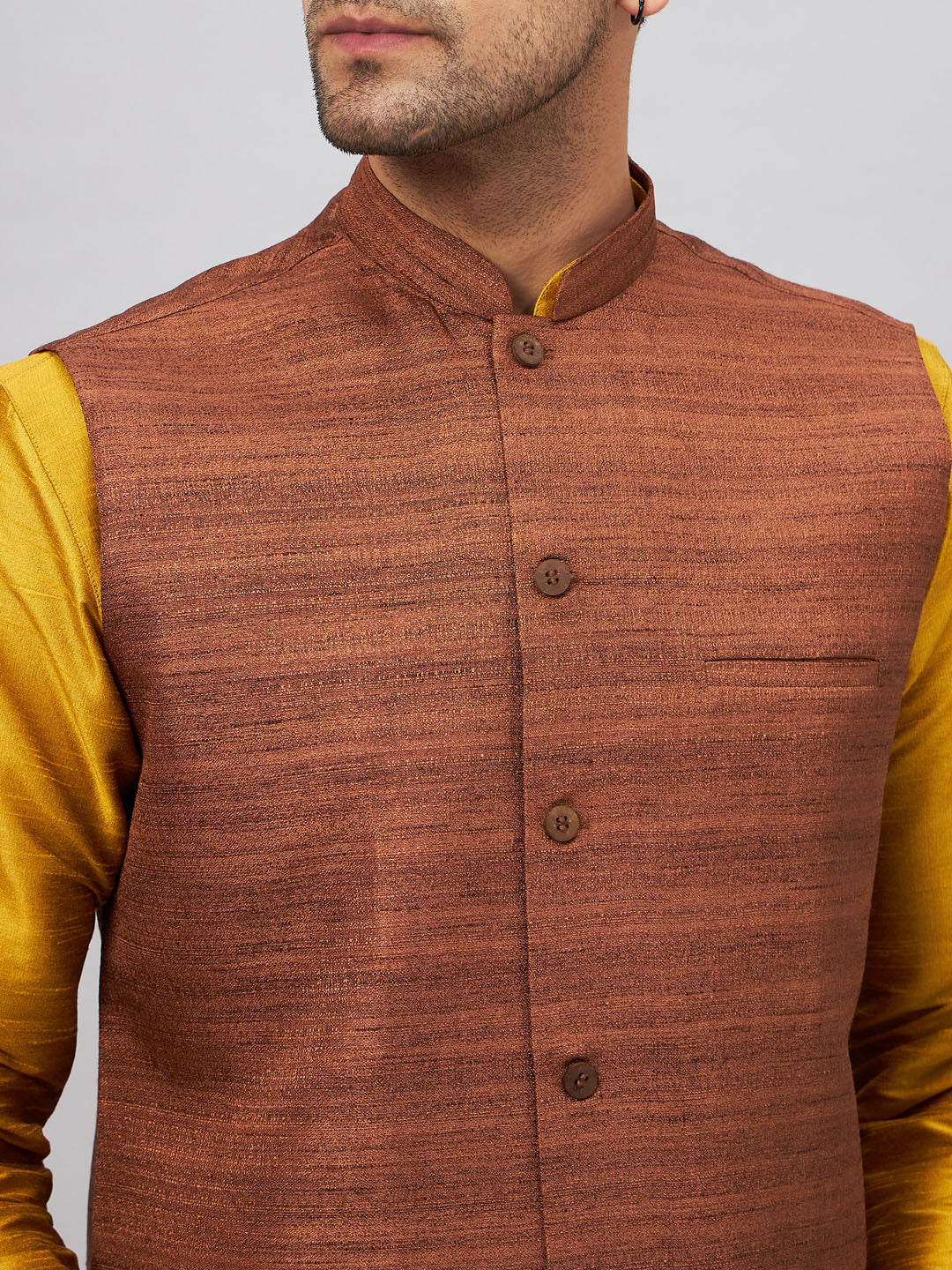 VM by Vastramay Men's Mustard And Brown Silk Blend Jacket, Kurta And Pyjama Set - Distacart