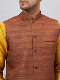 Thumbnail for VM by Vastramay Men's Mustard And Brown Silk Blend Jacket, Kurta And Pyjama Set - Distacart