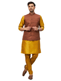 Thumbnail for VM by Vastramay Men's Mustard And Brown Silk Blend Jacket, Kurta And Pyjama Set - Distacart