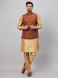 Thumbnail for VM by Vastramay Men's Coffee And Rose Gold Silk Blend Jacket, Kurta And Pyjama Set - Distacart