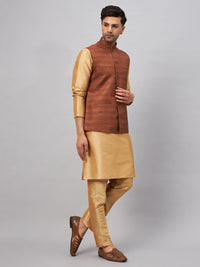 Thumbnail for VM by Vastramay Men's Coffee And Rose Gold Silk Blend Jacket, Kurta And Pyjama Set - Distacart