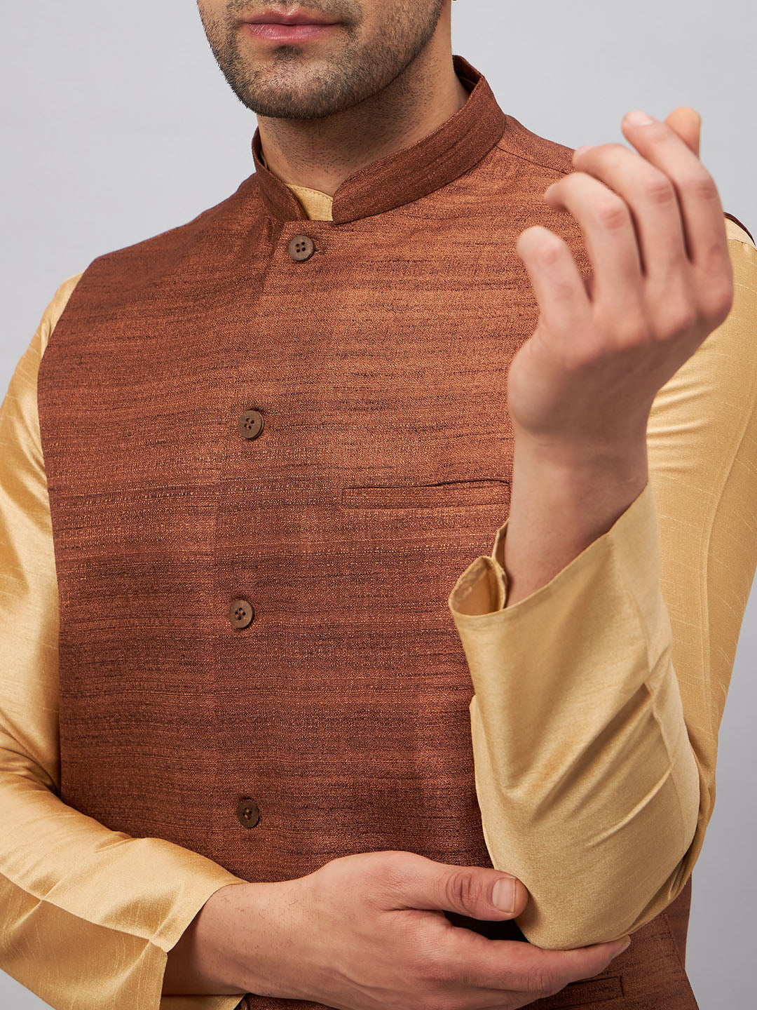 VM by Vastramay Men's Coffee And Rose Gold Silk Blend Jacket, Kurta And Pyjama Set - Distacart