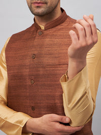 Thumbnail for VM by Vastramay Men's Coffee And Rose Gold Silk Blend Jacket, Kurta And Pyjama Set - Distacart