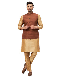 Thumbnail for VM by Vastramay Men's Coffee And Rose Gold Silk Blend Jacket, Kurta And Pyjama Set - Distacart
