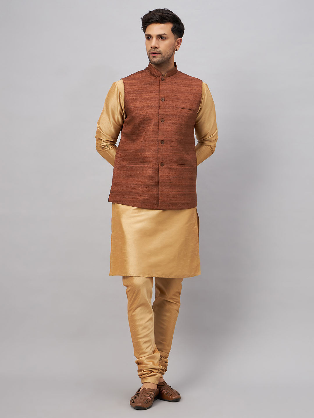 VM by Vastramay Men's Brown And Rose Gold Silk Blend Jacket, Kurta And Pyjama Set - Distacart