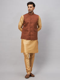 Thumbnail for VM by Vastramay Men's Brown And Rose Gold Silk Blend Jacket, Kurta And Pyjama Set - Distacart