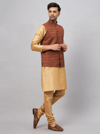 Thumbnail for VM by Vastramay Men's Brown And Rose Gold Silk Blend Jacket, Kurta And Pyjama Set - Distacart