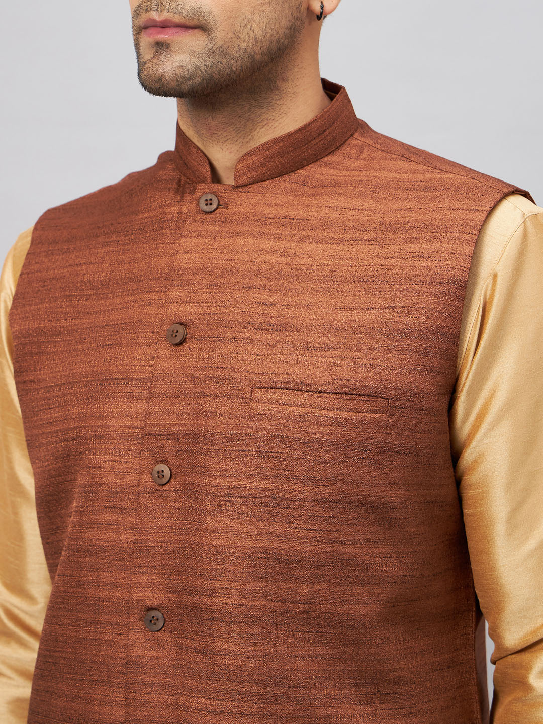 VM by Vastramay Men's Brown And Rose Gold Silk Blend Jacket, Kurta And Pyjama Set - Distacart
