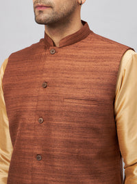 Thumbnail for VM by Vastramay Men's Brown And Rose Gold Silk Blend Jacket, Kurta And Pyjama Set - Distacart