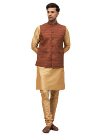 Thumbnail for VM by Vastramay Men's Brown And Rose Gold Silk Blend Jacket, Kurta And Pyjama Set - Distacart