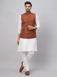 Thumbnail for VM by Vastramay Men's Brown And White Silk Blend Jacket, Kurta And Pyjama Set - Distacart
