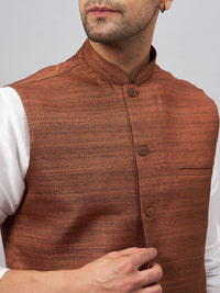 Thumbnail for VM by Vastramay Men's Brown And White Silk Blend Jacket, Kurta And Pyjama Set - Distacart