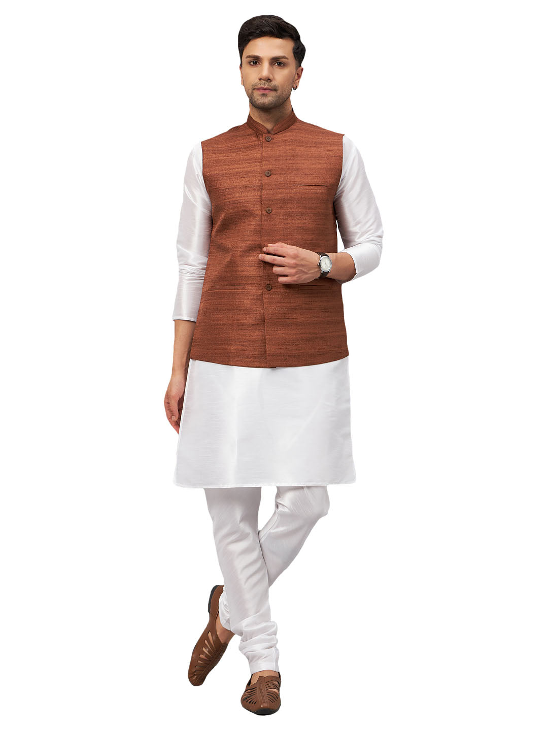 VM by Vastramay Men's Brown And White Silk Blend Jacket, Kurta And Pyjama Set - Distacart