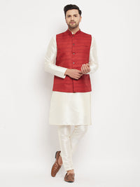 Thumbnail for VM by Vastramay Men's Cream And Maroon Silk Blend Jacket, Kurta And Pyjama Set - Distacart