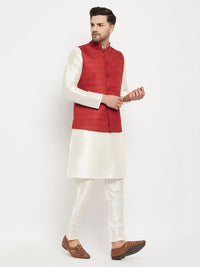 Thumbnail for VM by Vastramay Men's Cream And Maroon Silk Blend Jacket, Kurta And Pyjama Set - Distacart