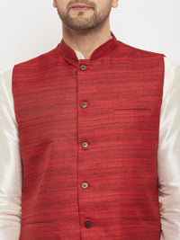 Thumbnail for VM by Vastramay Men's Cream And Maroon Silk Blend Jacket, Kurta And Pyjama Set - Distacart
