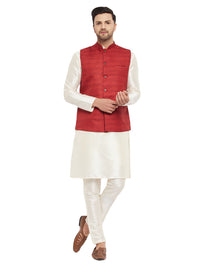 Thumbnail for VM by Vastramay Men's Cream And Maroon Silk Blend Jacket, Kurta And Pyjama Set - Distacart