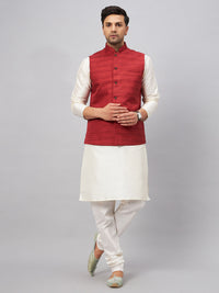 Thumbnail for VM by Vastramay Men's Maroon And Cream Silk Blend Jacket, Kurta And Pyjama Set - Distacart