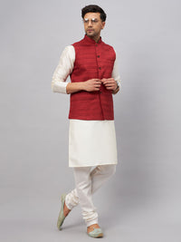 Thumbnail for VM by Vastramay Men's Maroon And Cream Silk Blend Jacket, Kurta And Pyjama Set - Distacart