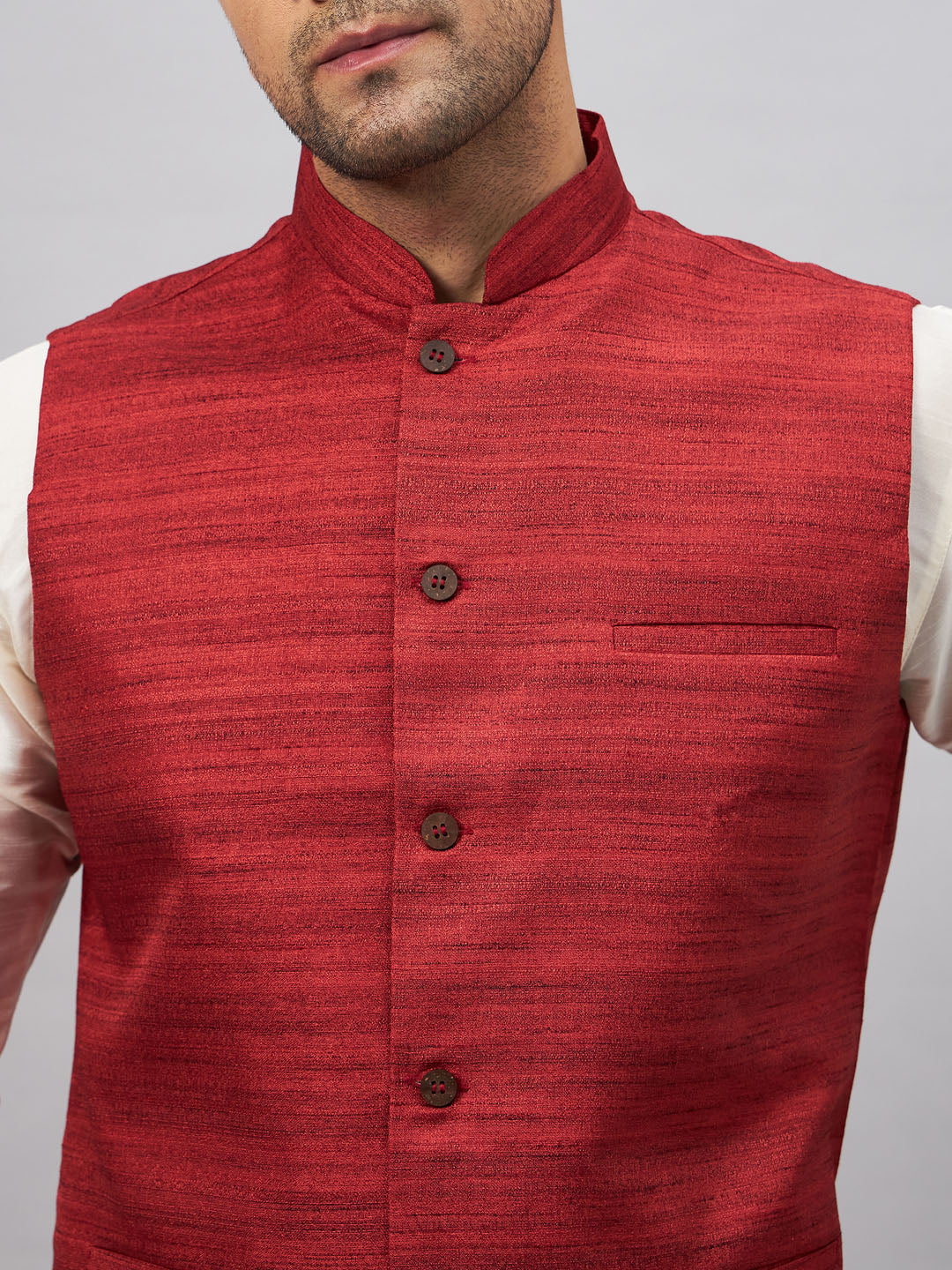 VM by Vastramay Men's Maroon And Cream Silk Blend Jacket, Kurta And Pyjama Set - Distacart