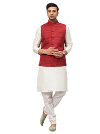 Thumbnail for VM by Vastramay Men's Maroon And Cream Silk Blend Jacket, Kurta And Pyjama Set - Distacart