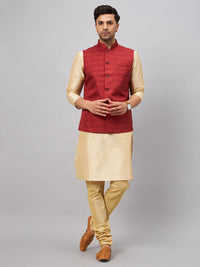 Thumbnail for VM by Vastramay Men's Maroon And Gold Silk Blend Jacket, Kurta And Pyjama Set - Distacart